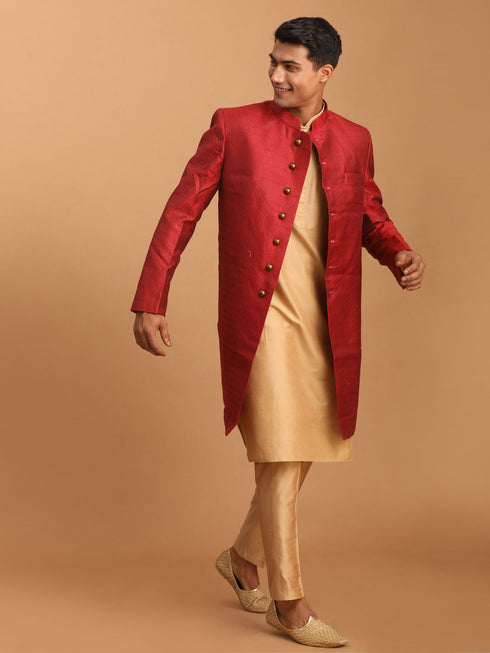 Vastramay Men's Maroon Silk Blend Sherwani With Rose Gold Kurta Pant Set